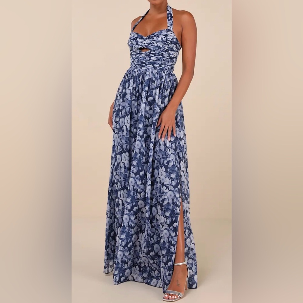 NWT Lulus Navy Blue Floral Pleated Halter Maxi Dress XSmall